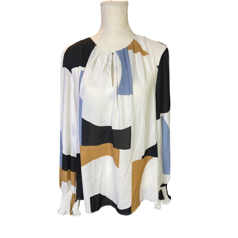 Worthington Geometric Abstract Print Smocked Cuff Blouse Professional Chic‎ XL